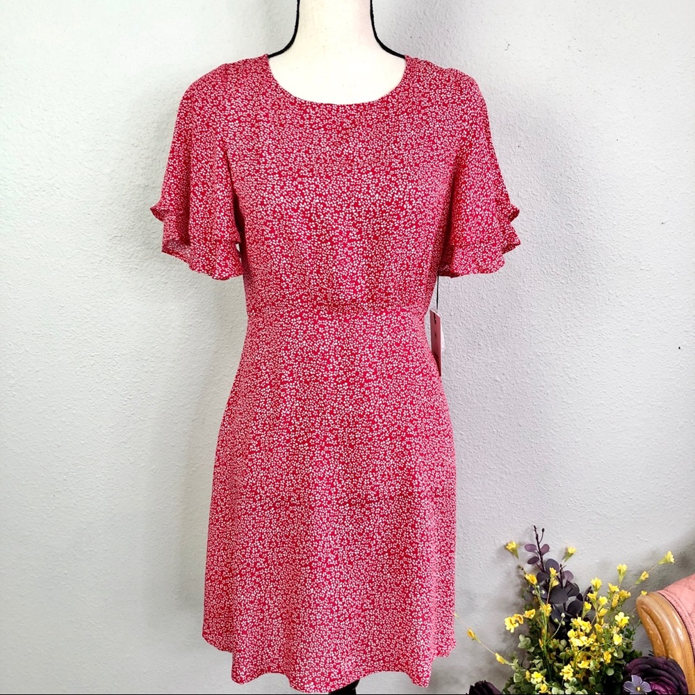 Floral Retro Red Flutter Sleeve Sun Dress